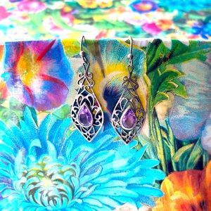 Amethyst earrings. Fish hook, pierced, dangle.